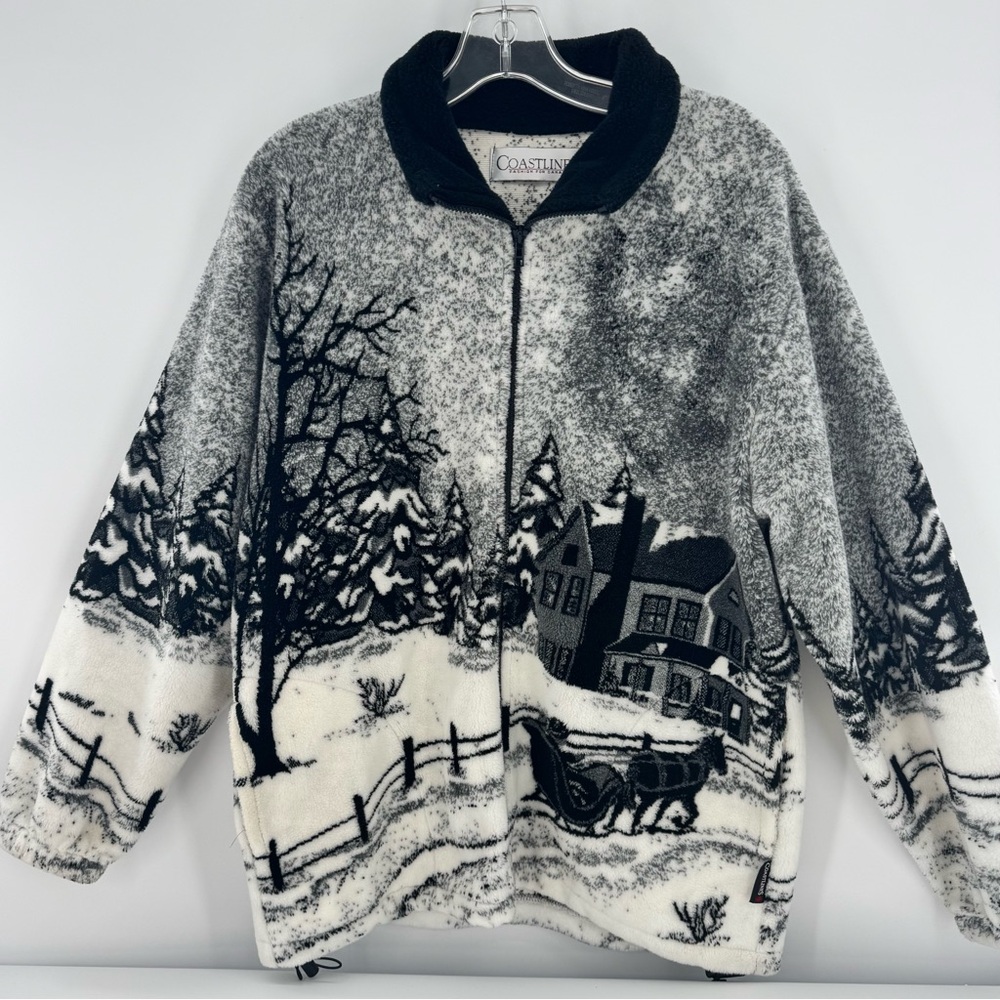 CoastLines Canade Fleece Zip Up Jacket White Black Acrylic Winter Scene Size‎ M
